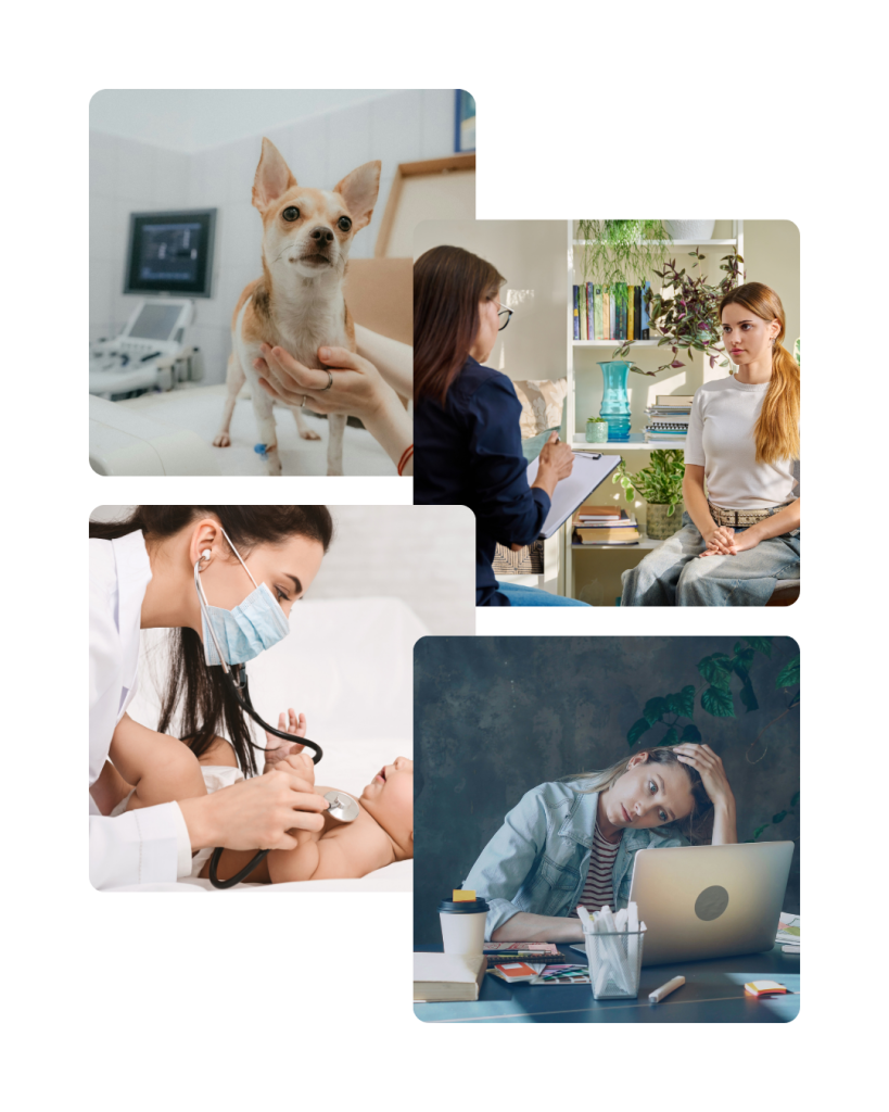 psicóloga, fisioterapeuta, médica veterinária, pediatra, groomer, terapeuta ocupacional, odontopediatra, psicomotricista